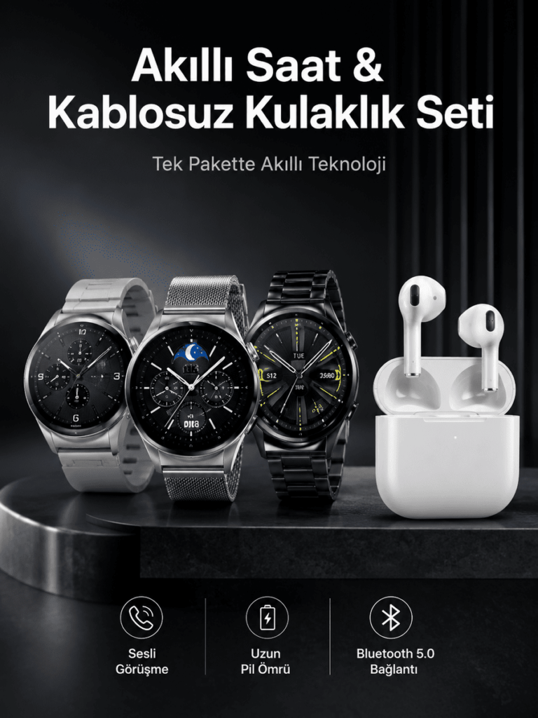 Akıllı Saat ve Kulaklık Seti Dokunmatik Ekran 5.0 Bluetooth Bağlantılı Sesli Görüşme