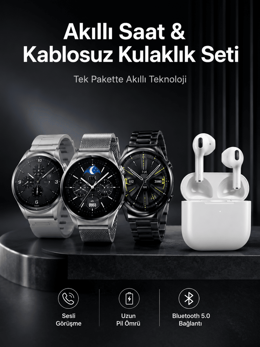 Akıllı Saat ve Kulaklık Seti Dokunmatik Ekran 5.0 Bluetooth Bağlantılı Sesli Görüşme