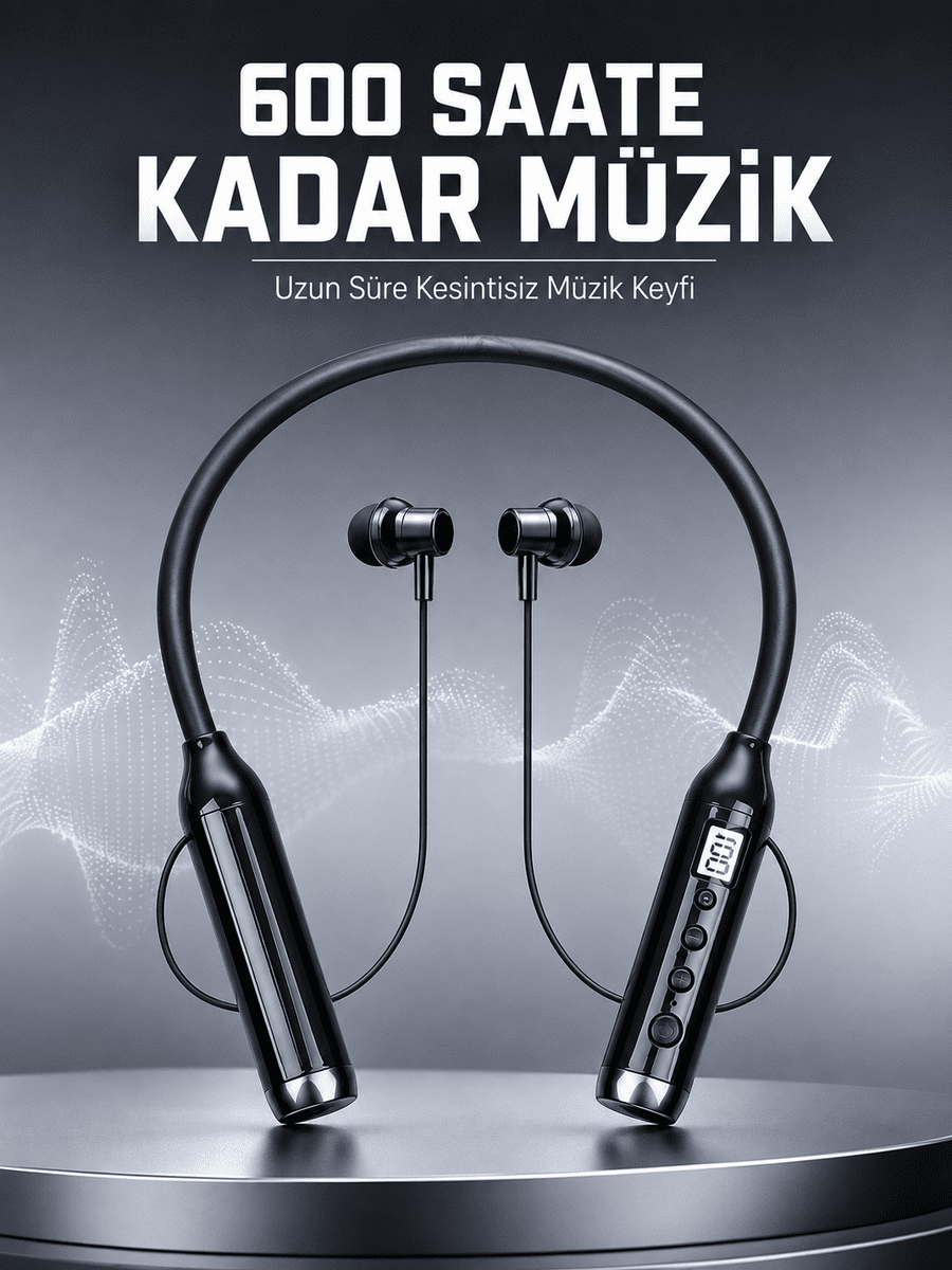 Dijital Göstergeli Boyun Tipi Bluetooth Kulaklık Mikrofonlu Çağrı ve Müzik Kontrollü Çift Cihaz Bağlantılı Kulaklık