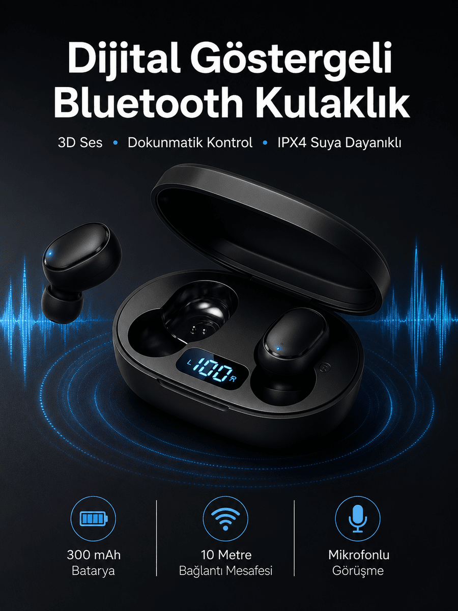 İkili Bluetooth Kulaklık Dijital Göstergeli Uzun Pil Ömrü Yüksek Ses Kaliteli Yeni Nesil