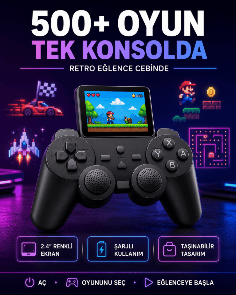 Çocuklar ve Yetişkinler İçin Uygun 500 Oyunlu Taşınabilir Mini Retro El Konsolu