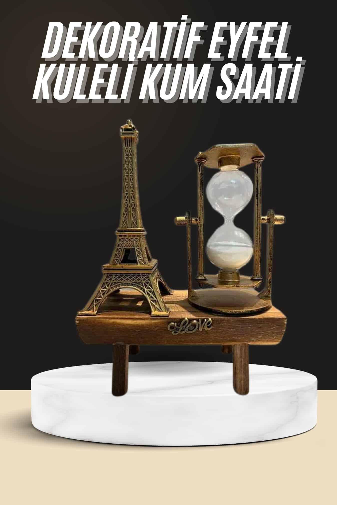 Retro Eyfel Kulesi Ve Kum Saati Dekoratif Ahşap Görünümlü Masa Biblosu