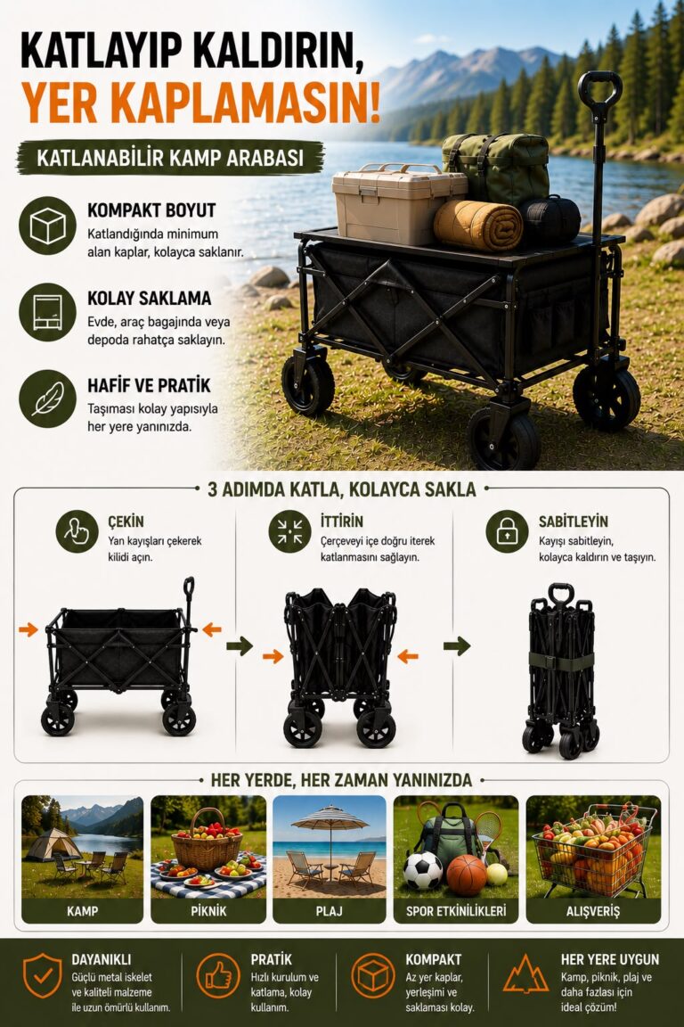 Katlanır Kamp Arabası 130 Kg Kapasiteli Üst Tablalı Kalın Tekerlekli Çok Amaçlı Taşıma Arabası