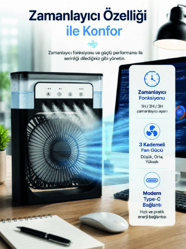 Su Hazneli Püskürtmeli Fan 1-3-5 Püskürtme Seçeneği, Type-C Güç Girişi