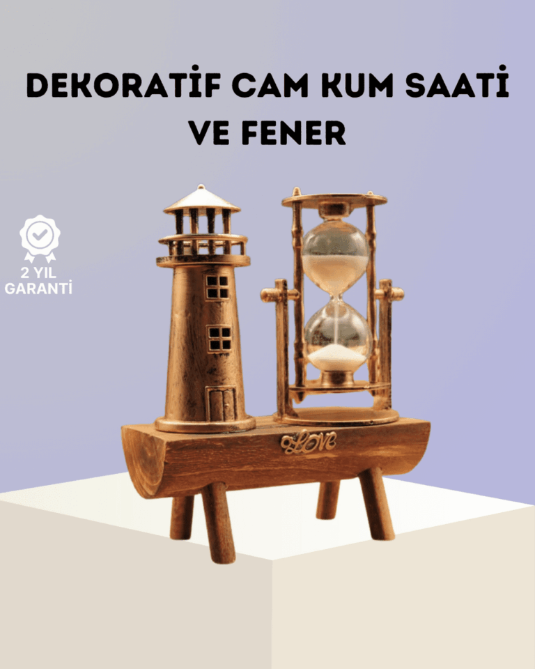 Dekoratif Ahşap Kum Saati ve Deniz Feneri Figürlü Masa Süsü – Şık ve Fonksiyonel Tasarım