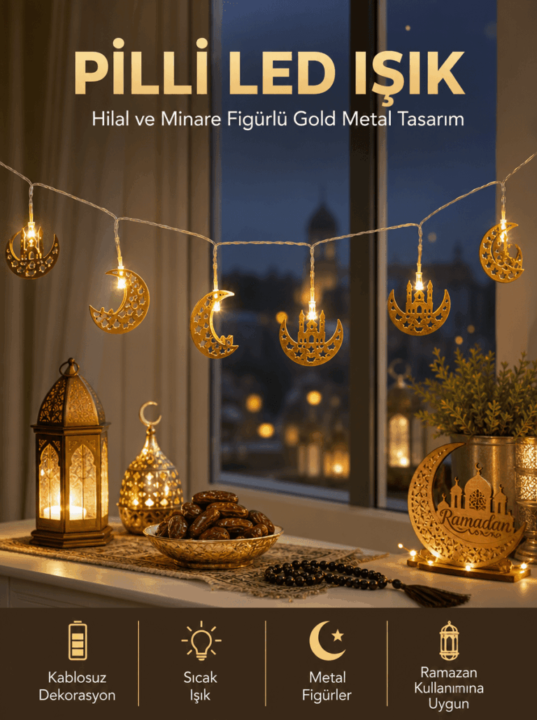 Pilli Minareli Hilal LED Işık Gold Metal Ramazan Dekorasyonu