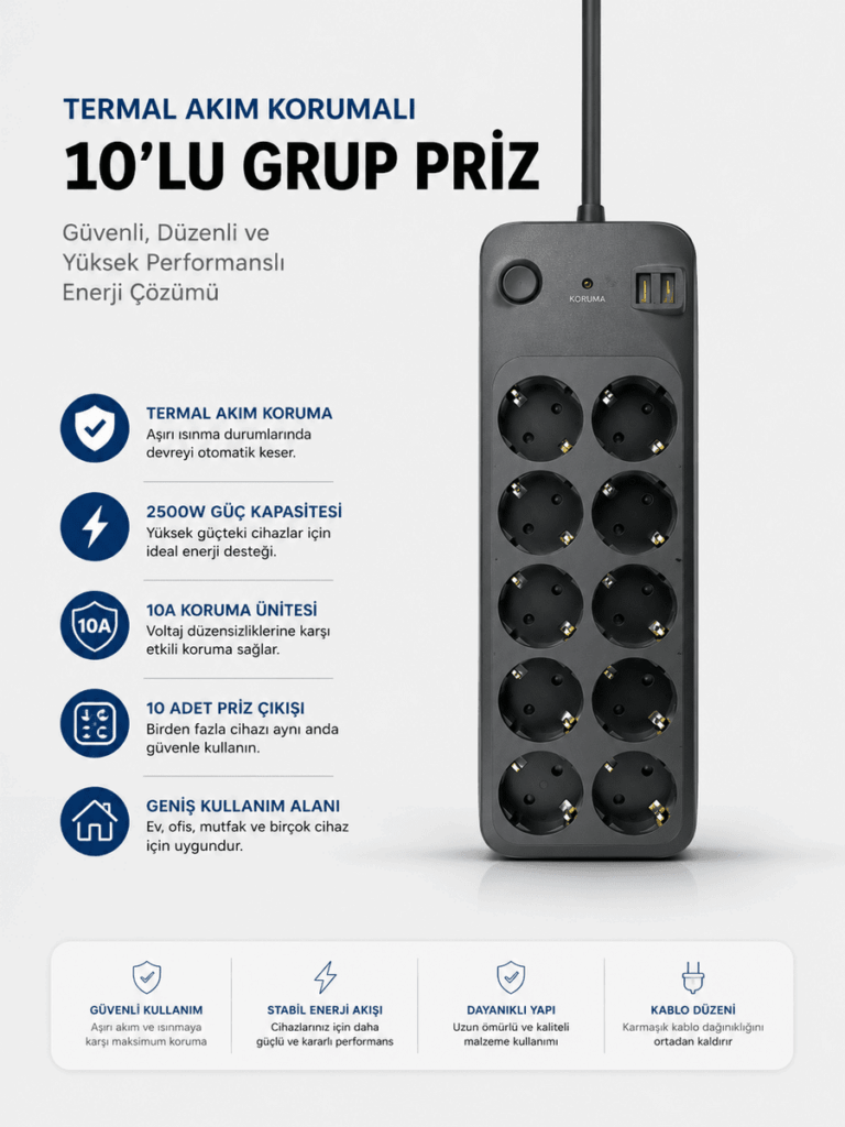 Termal Akım Korumalı USB Type-C Girişli 10'lu Grup Priz 2500W Güç Kapasitesi