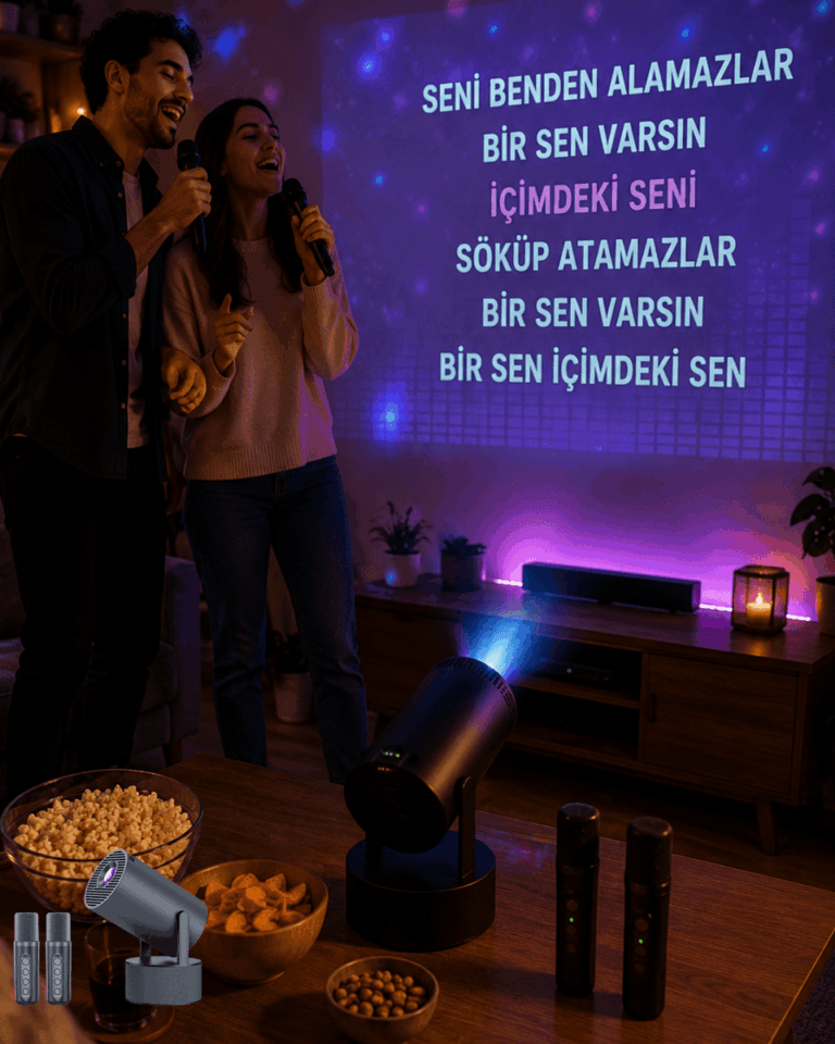 3ü 1 Arada Karaoke ve Projeksiyon Sistemi Çift Mikrofon Destekli