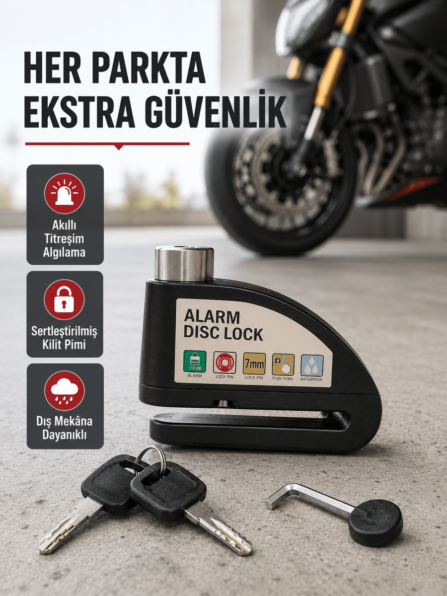 Titreşim Sensörlü Alarmlı Motosiklet Disk Kilidi 14mm Çelik Çift Kilitleme
