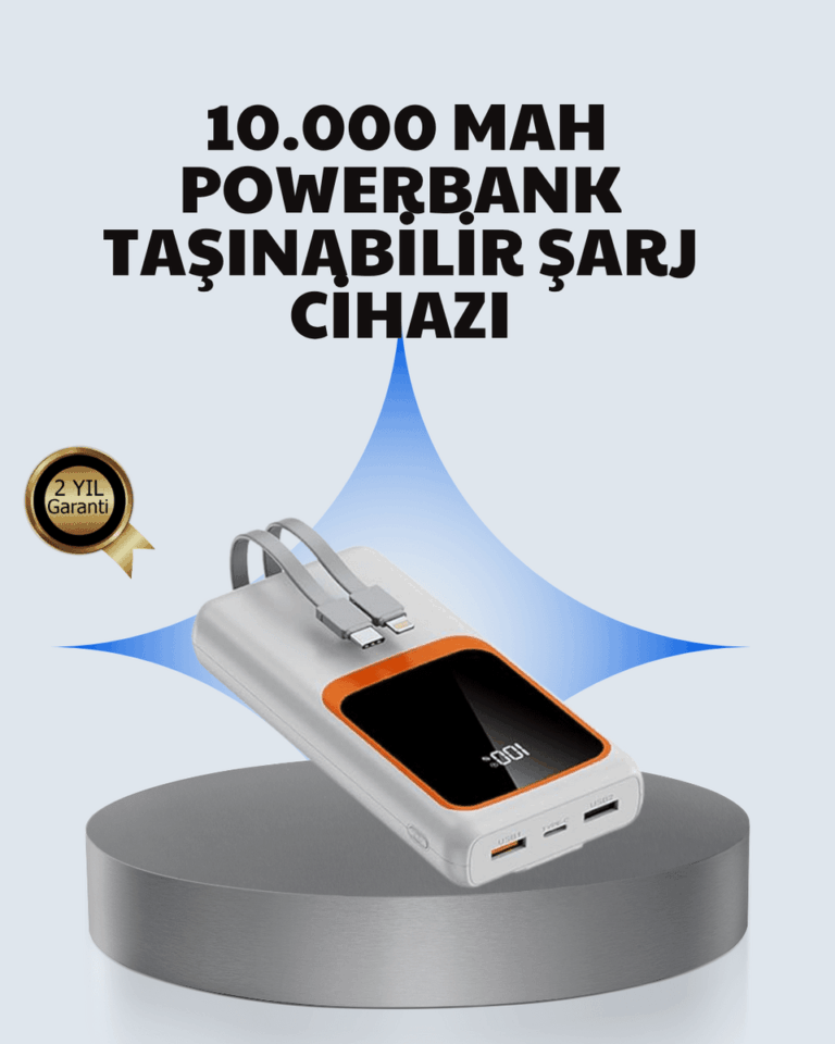 Kompakt 10000 mAh Powerbank – Dijital Göstergeli, Type-C ve Lightning Uyumlu