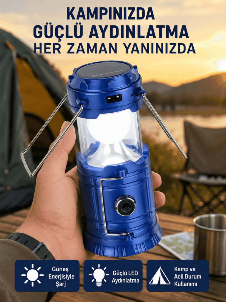 Katlanabilir USB Çıkışlı Kamp Feneri – Şarj Edilebilir, Dayanıklı ve Çok Fonksiyonlu