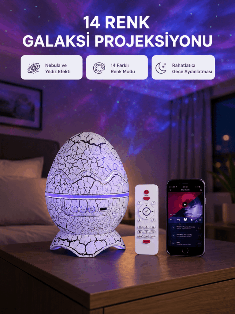 Yıldızlı Gökyüzü Dinozor Yumurta Projektör –  Ayarlanabilir Parlaklık ve Hız