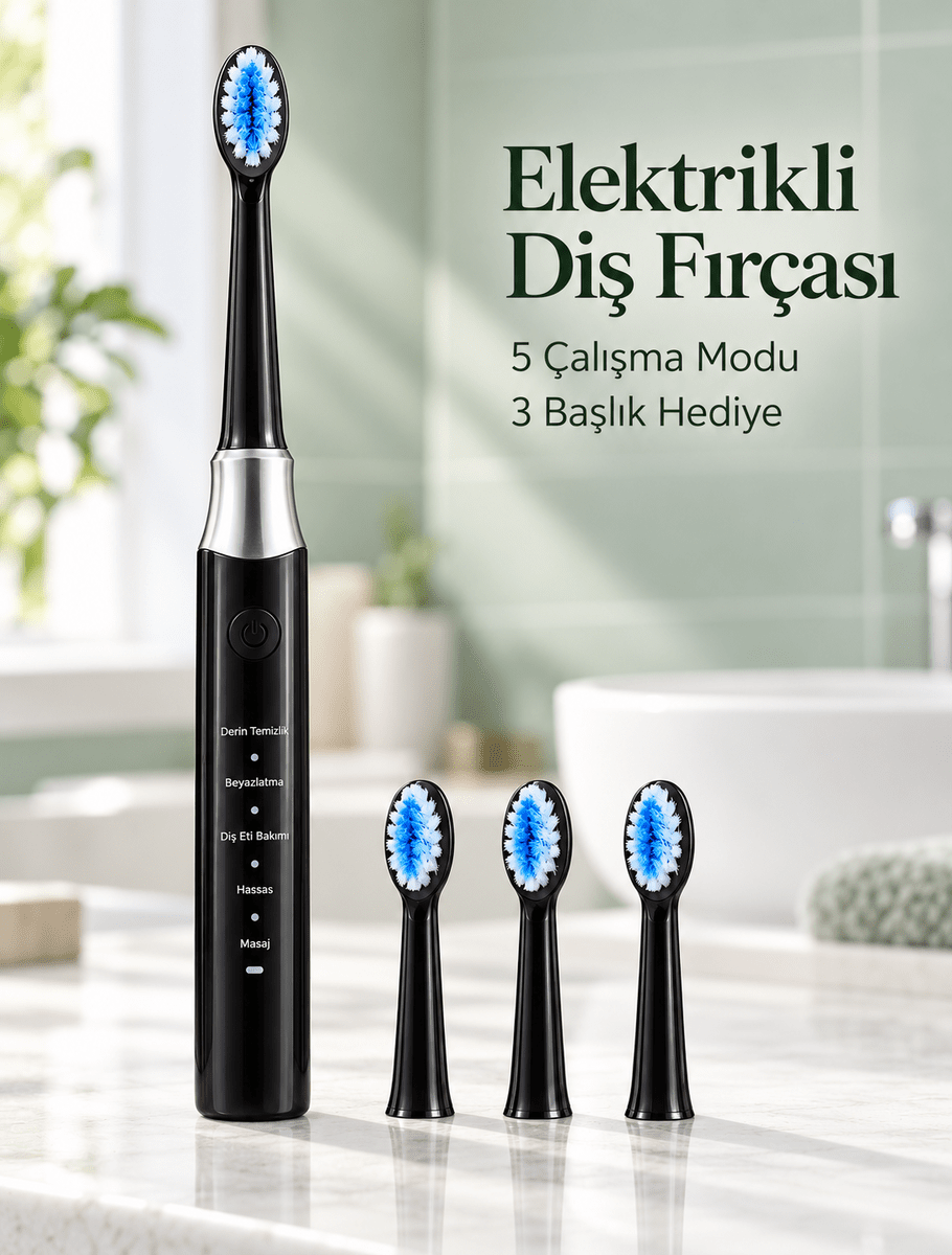 Günlük Ağız Bakımı İçin Şarj Edilebilir 5 Modlu Siyah Elektrikli Diş Fırçası