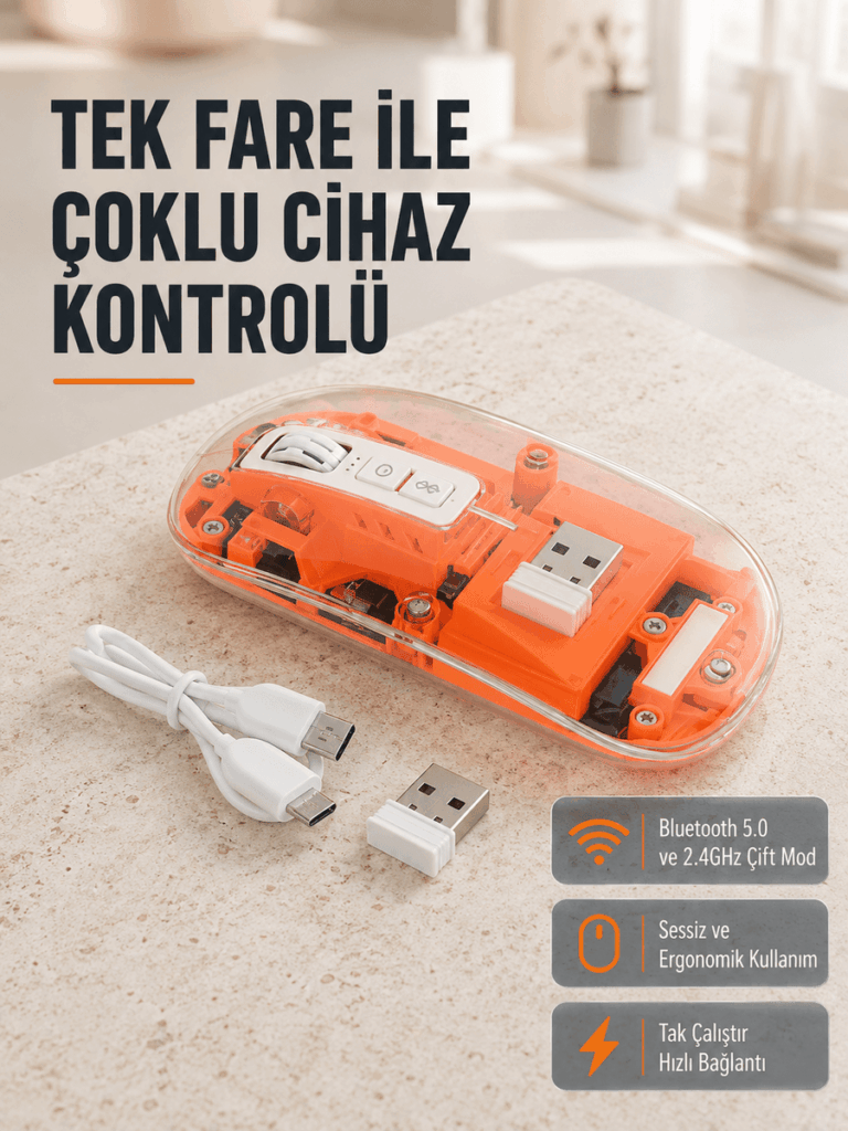 Çift Modlu Kablosuz Bluetooth 5.0 + 2.4GHz Mouse – 3 Cihaz Bağlantılı, Hızlı Geçiş Düğmeli