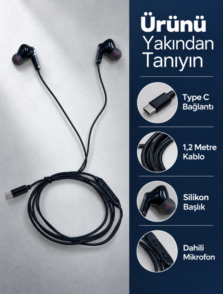 Dahili Mikrofonlu Type C Kablolu Kulaklık Siyah Gövde