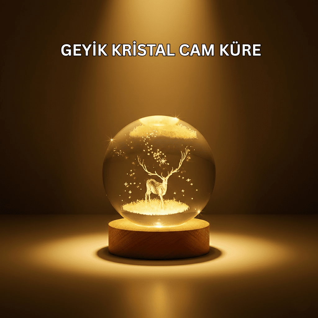 USB Bağlantılı Geyik Temalı Kristal Küre Premium Masa Gece Lambası