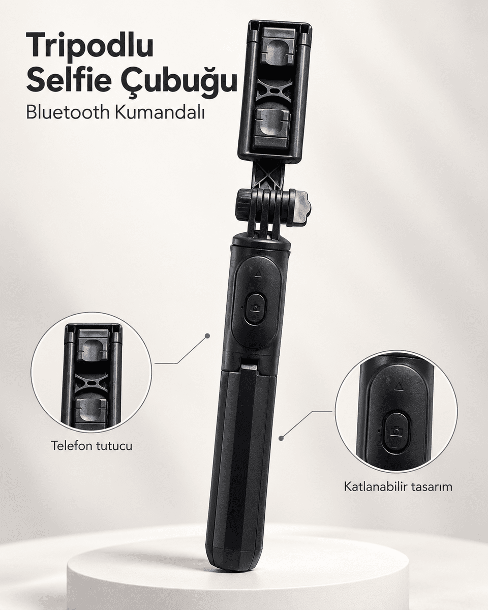 Fotoğraf ve Video Çekimleri İçin Kablosuz Kumandalı Telefon Selfie Çubuğu