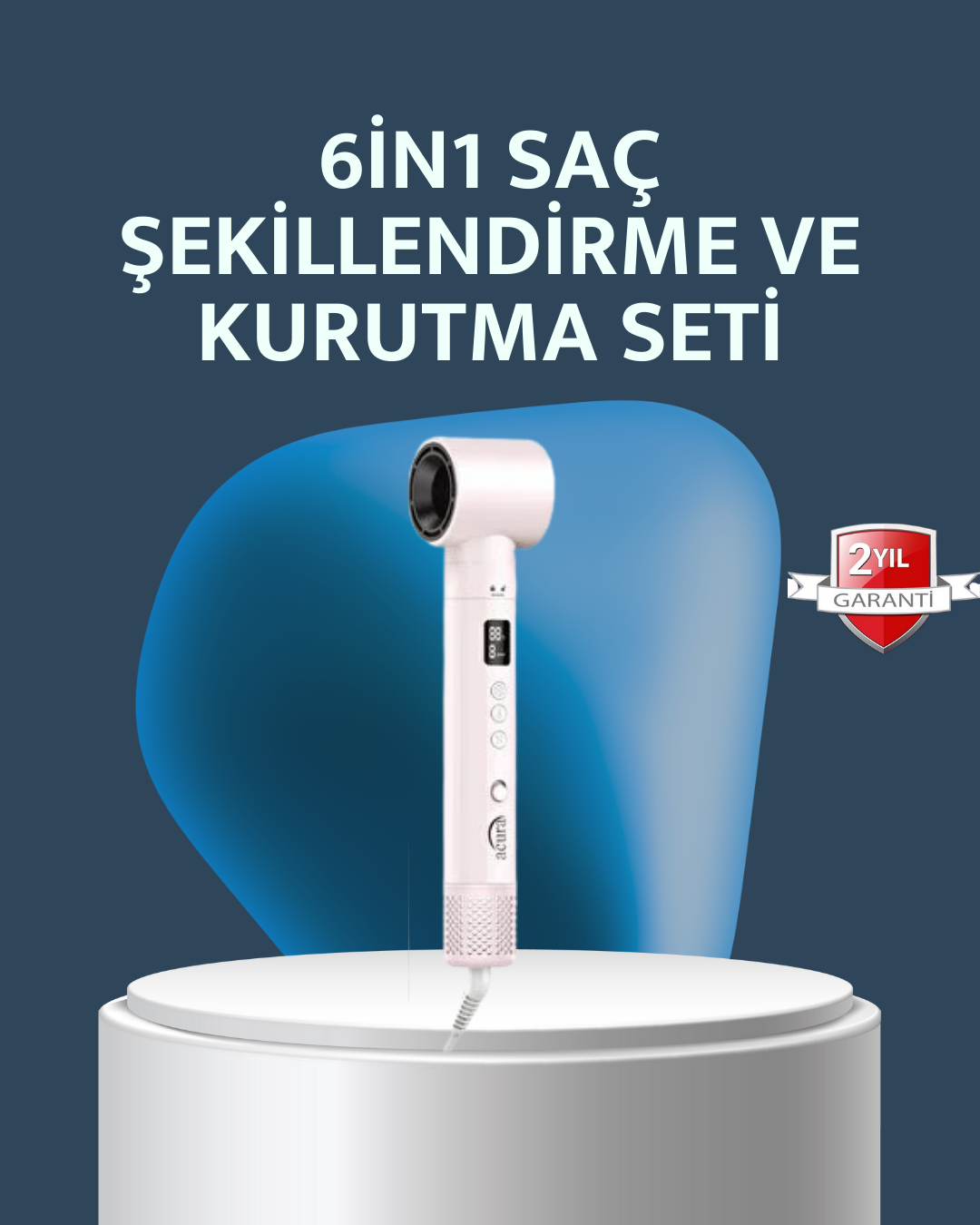 6-in-1 Saç Şekillendirme Seti Yüksek Hızlı Motor Negatif İyon LCD Ekran