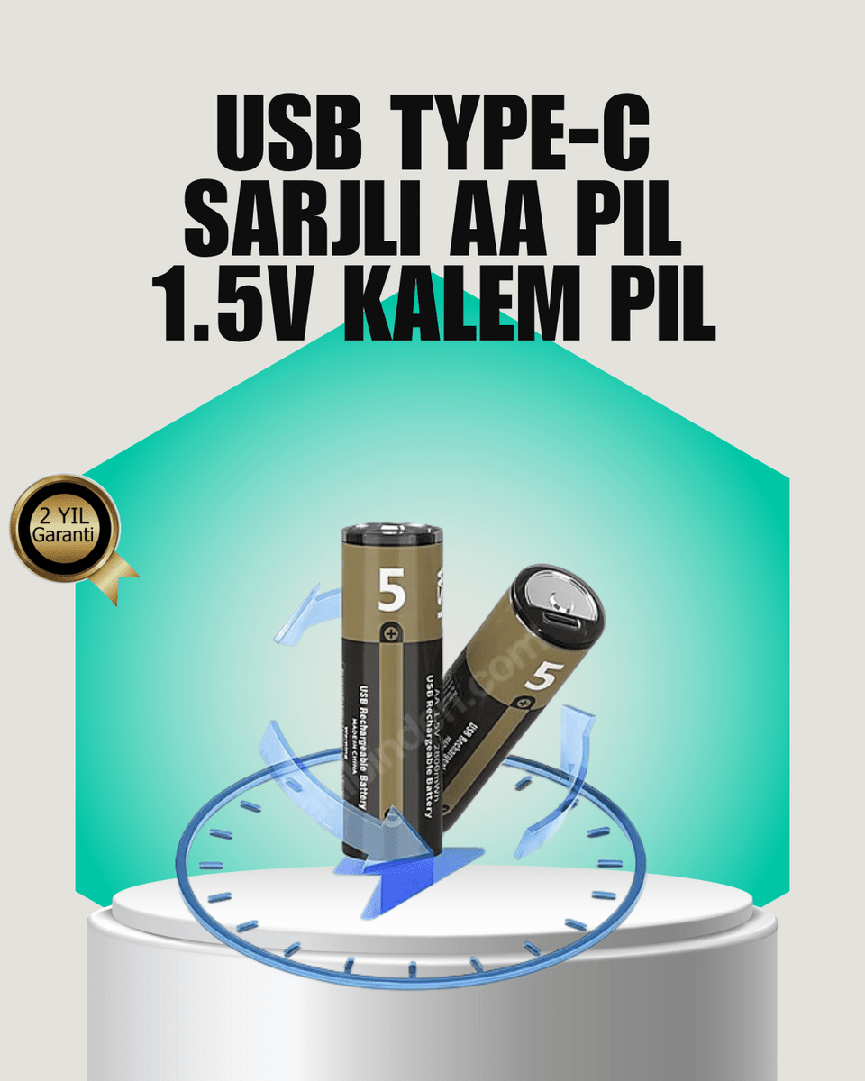 1.5V AA Şarjlı Lityum Pil | 1000+ Kez Şarj Edilebilir | Hızlı Type-C Şarj (2 Adet)