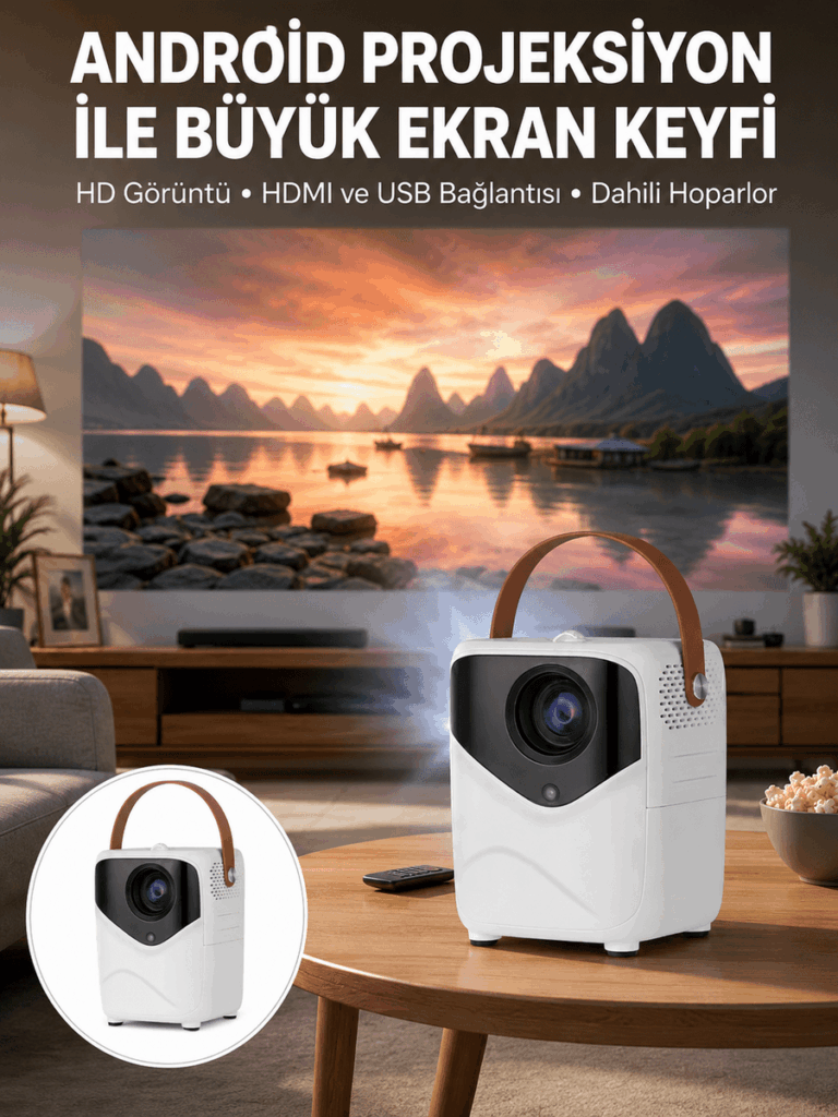 HD Ayaklı Portatif Projeksiyon Cihazı Bluetooth Wifi Akıllı Android İşlemcili Yeni Nesil