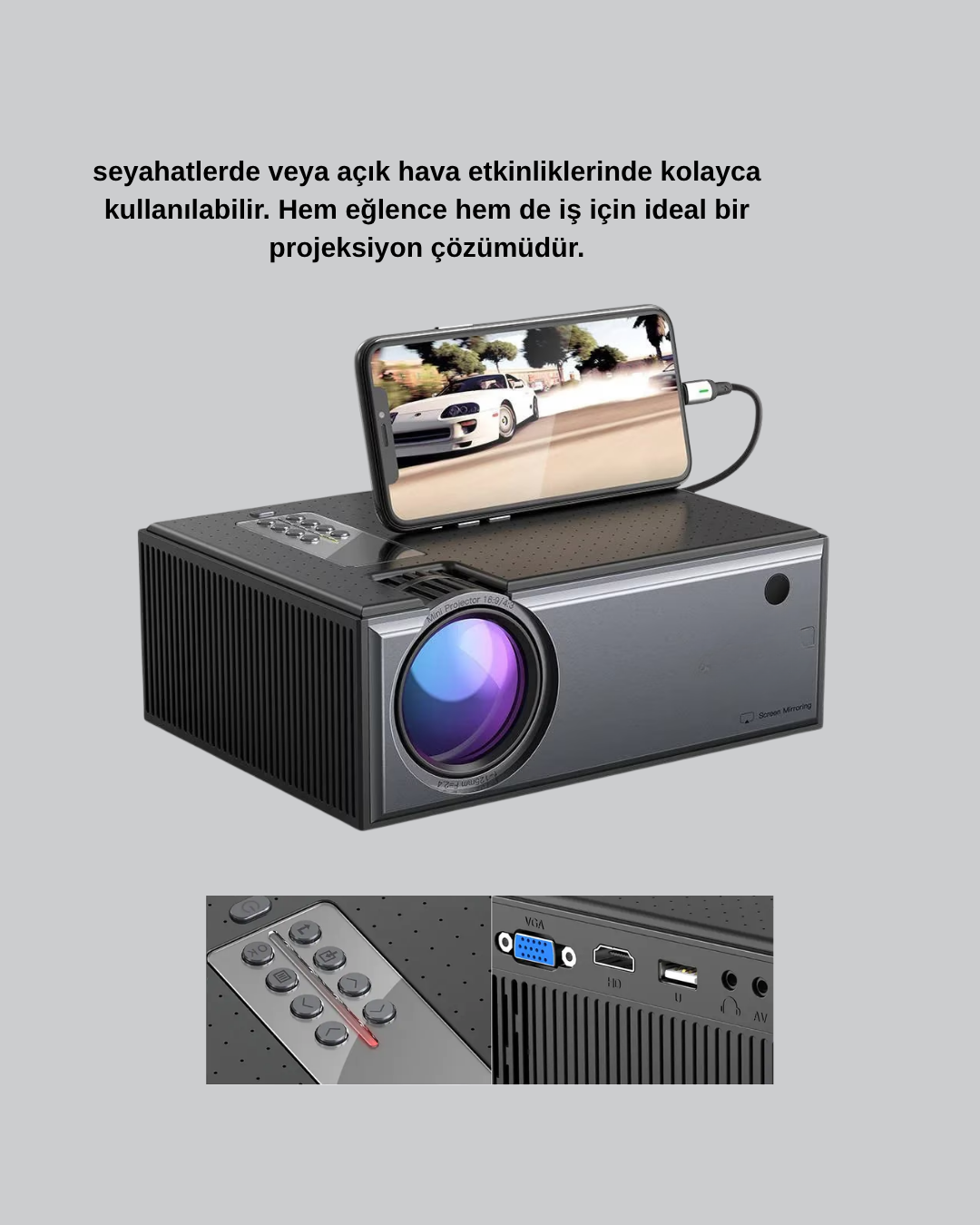 Taşınabilir Full HD Projeksiyon Cihazı Yüksek Parlaklık ve Geniş Bağlantı Seçenekli