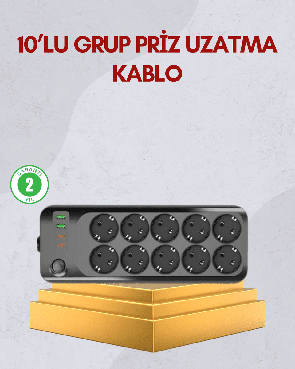 10 Prizli Uzatma Kablosu Termal Koruma USB Type-C Hızlı Şarj 2500W