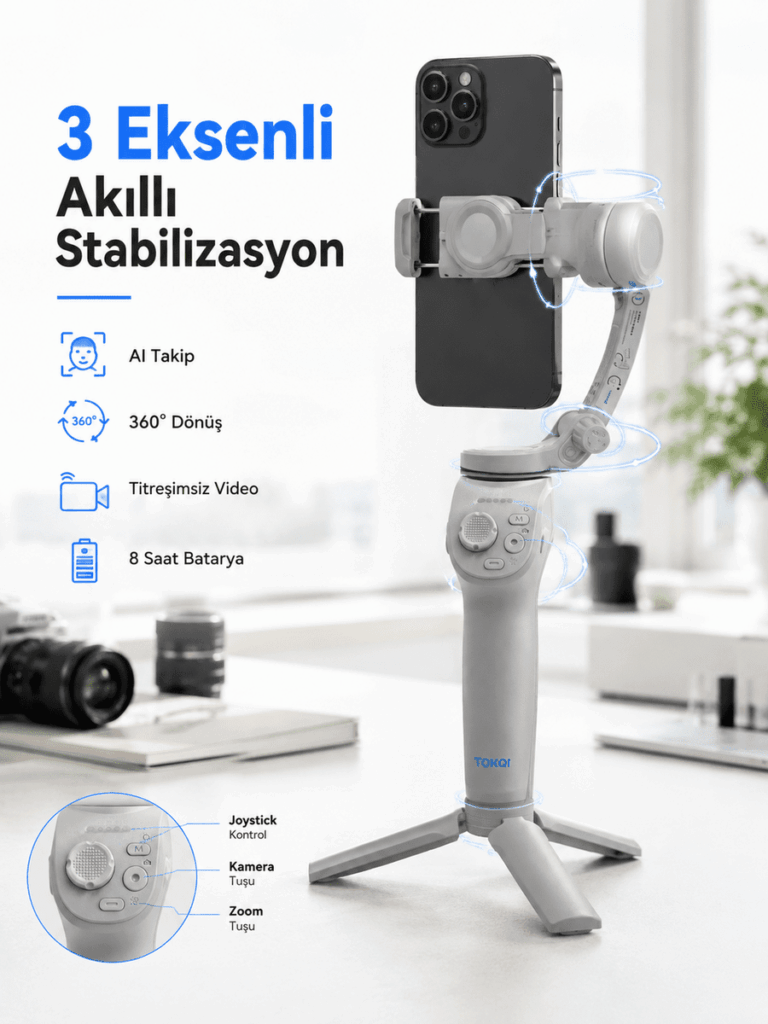 Profesyonel Telefon Gimbal Stabilizer 3 Eksen Sabitleme Çoklu Çekim Modları Uzun Pil Ömürlü Taşınabilir Tasarım