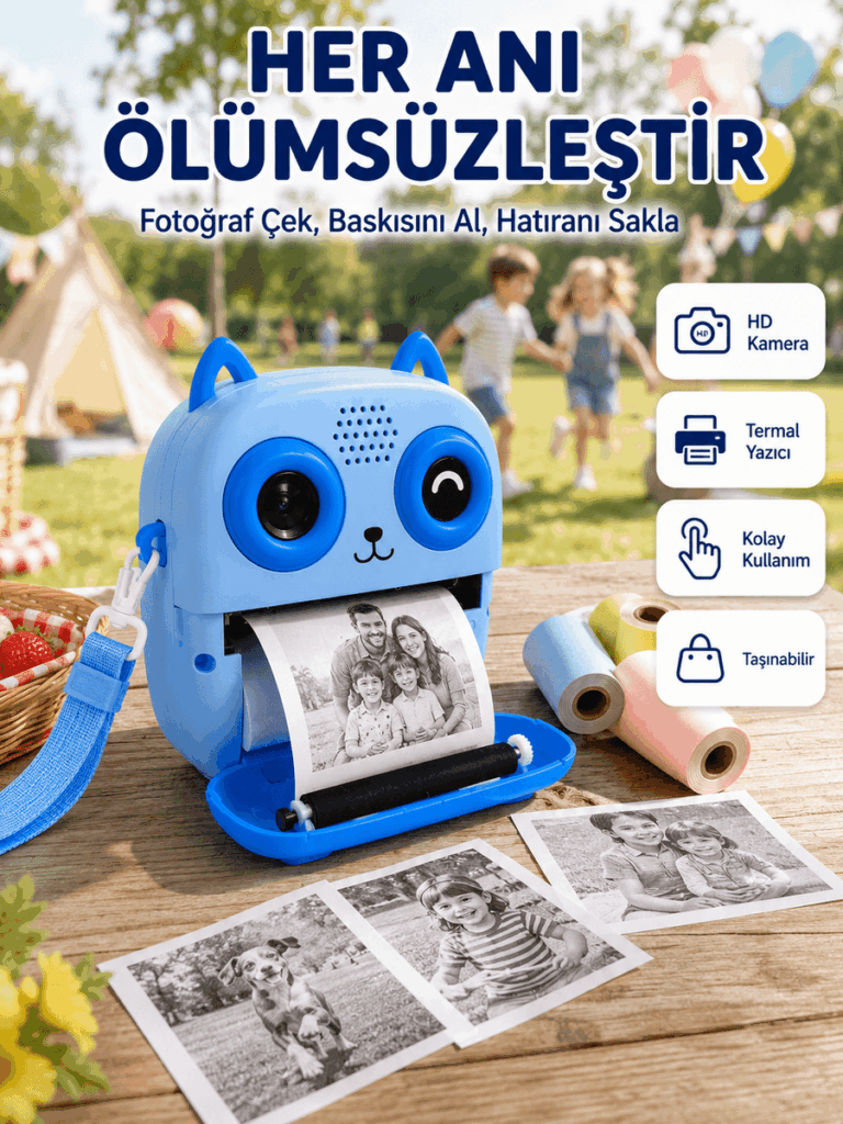 Çocuklar İçin Termal Baskılı Dijital Fotoğraf Makinesi Ön ve Arka Kameralı