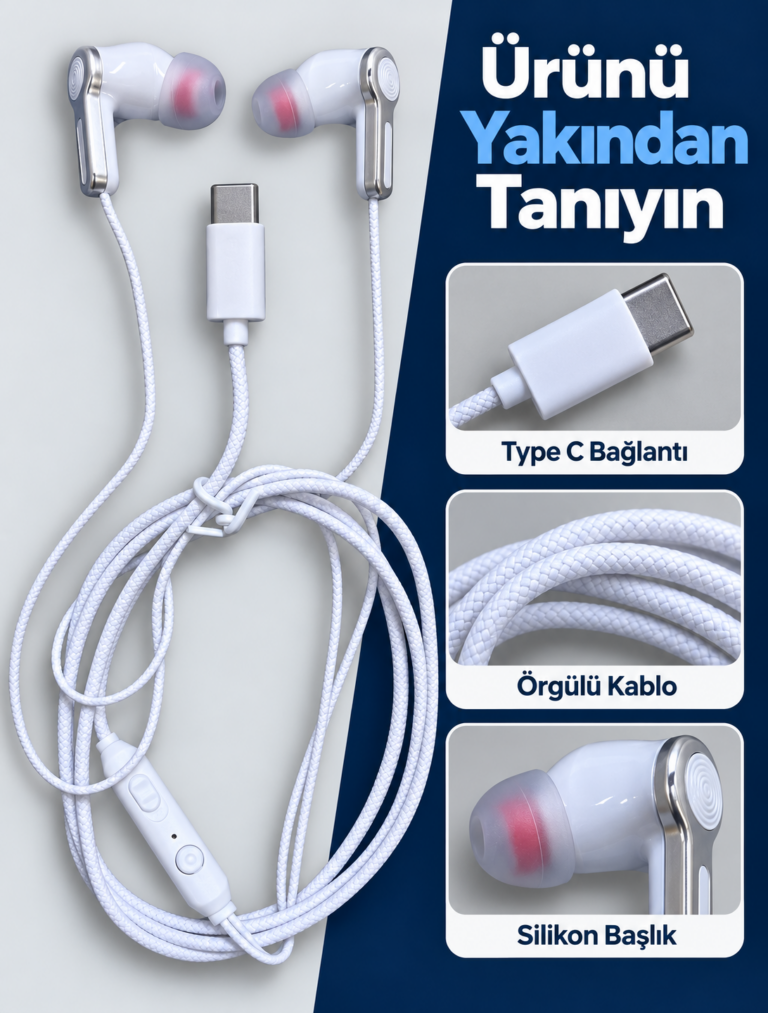 Gümüş Detaylı Silikon Başlıklı Type C Kablolu Kulaklık