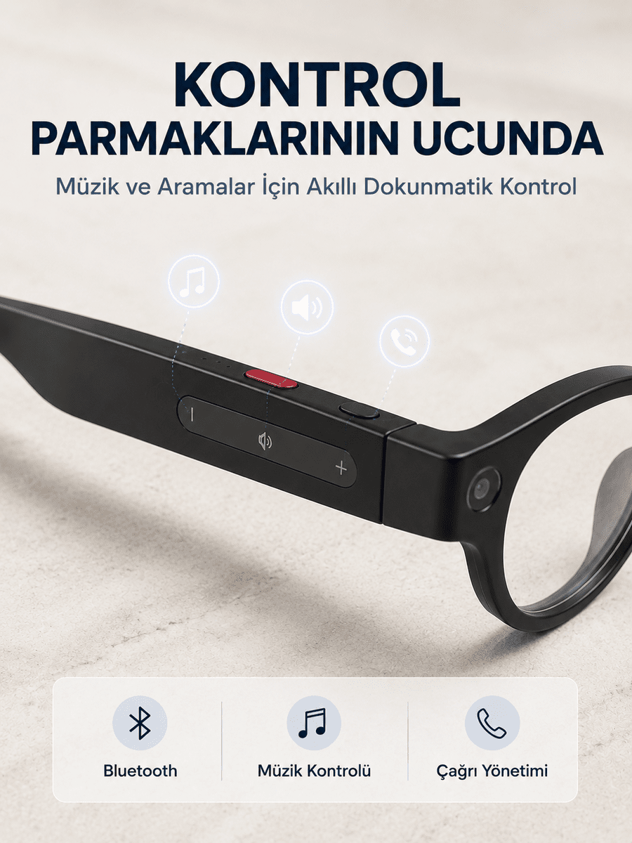 Siyah Kameralı Akıllı Gözlük AI Görüntü Tanıma Bluetooth Müzik Telefon Görüşme Dokunmatik Kontrollü