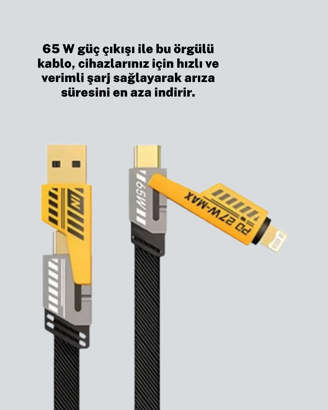 Hızlı Şarj Destekli 65W Örgülü USB-C ve USB-A Çoklu Şarj Kablosu