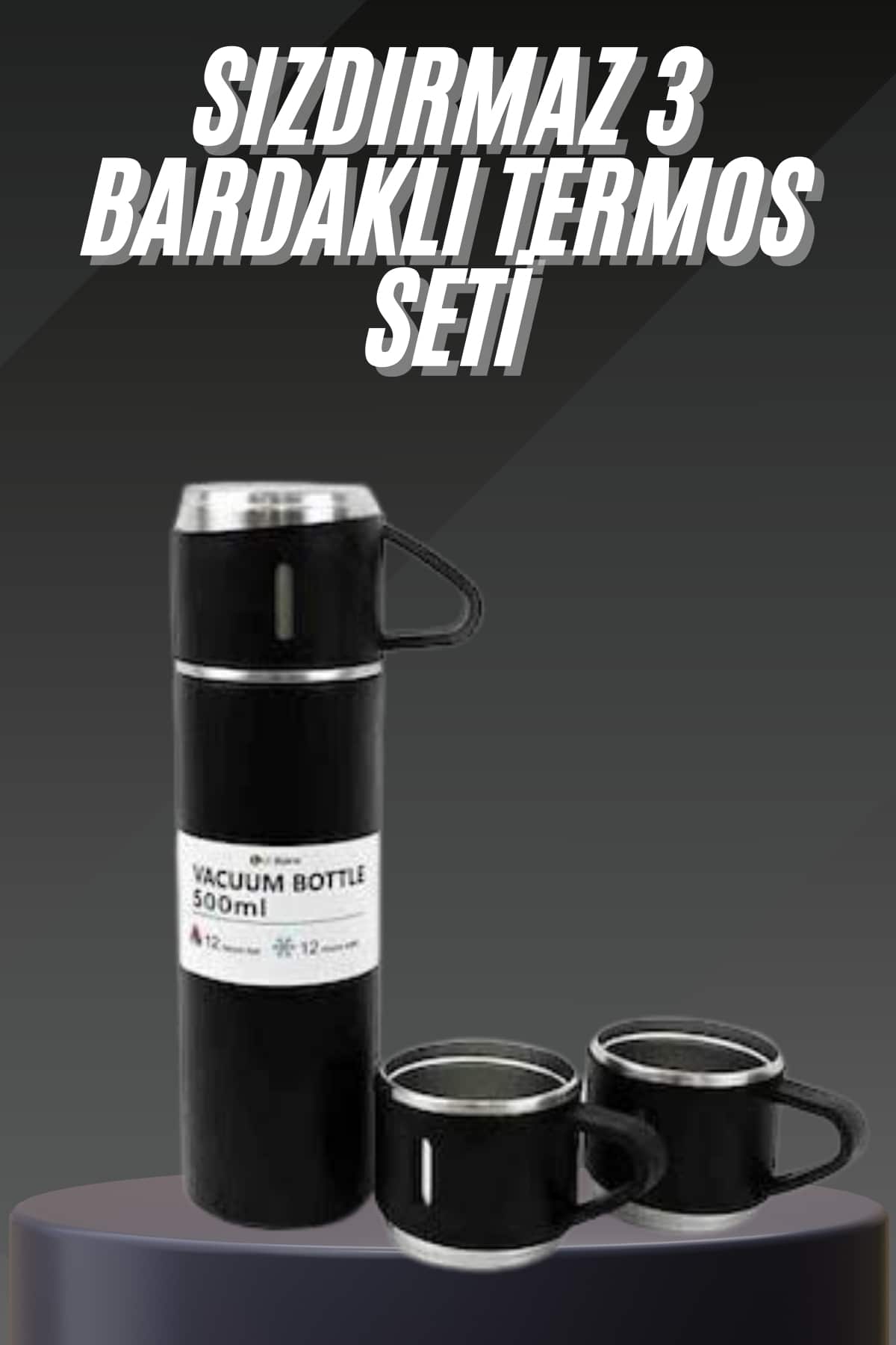 Termos Seti Paslanmaz Çelik 3 Bardaklı Vakumlu Termos Set 500 Ml 12 Saate Kadar Isı Koruma