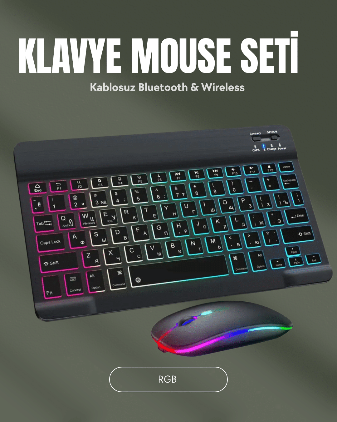RGB Aydınlatmalı Şarjlı Kablosuz Klavye ve Mouse Seti – Modern ve Kompakt Tasarım