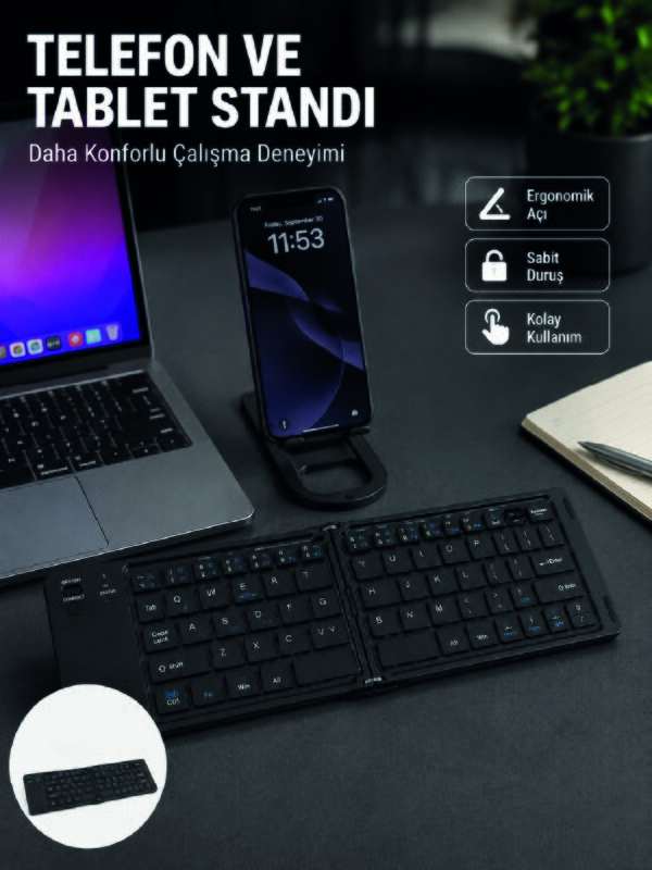 Bluetooth Katlanabilir Klavye USB-C Şarjlı 3 Cihaz Bağlantılı Taşınabilir Klavye
