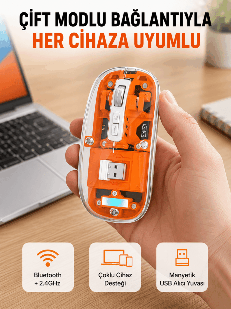 Hafif ve Taşınabilir Fare – 43 Gram, Otomatik Uyku Modlu Yeni Nesil