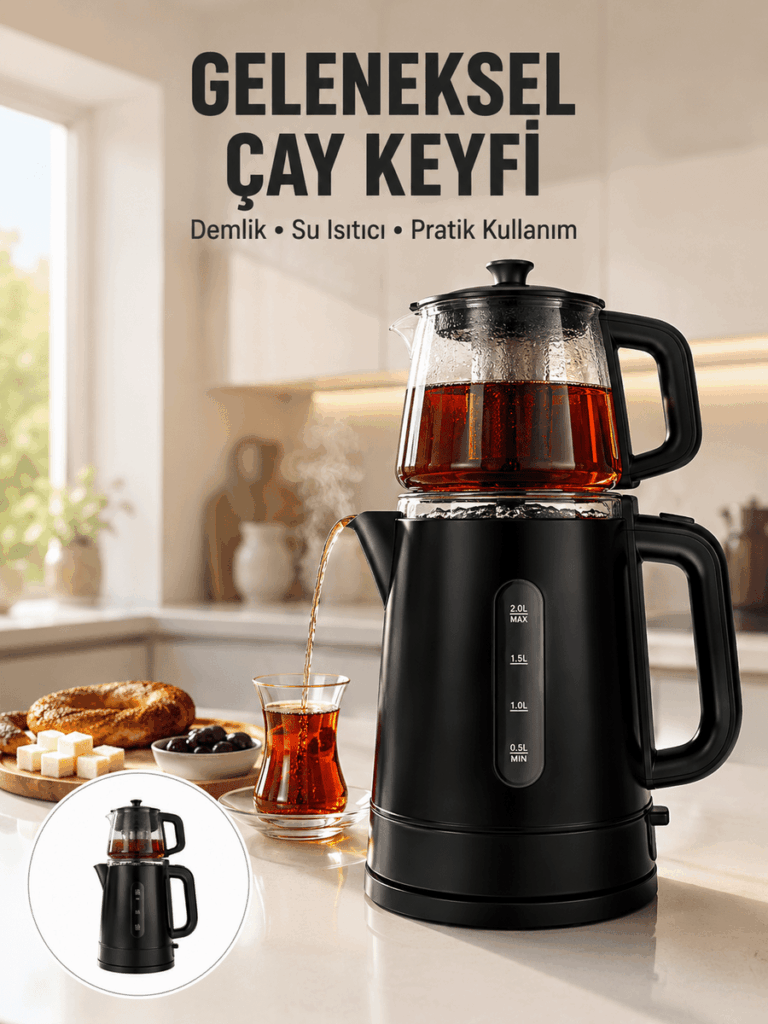 0,9 L Cam Demlik ve 1,7 L Su Haznesi ile Çay Keyfi Yeni Nesil