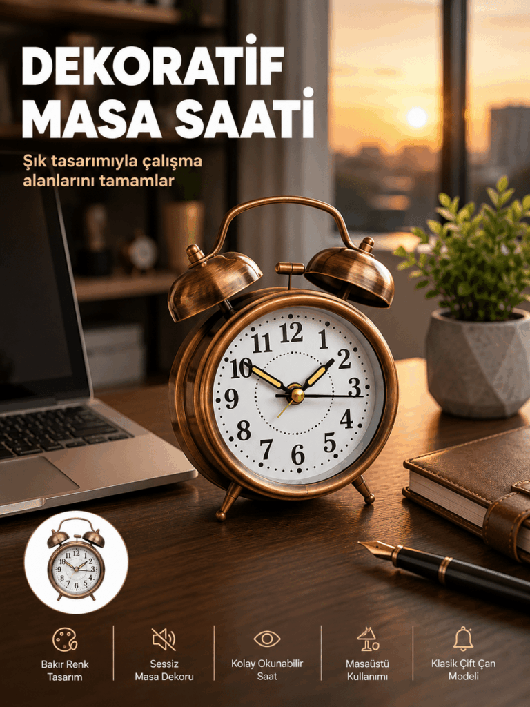 Retro Tarz Bronz Dekoratif Masa Saati Metal Gövde Yüksek Sesli Alarm