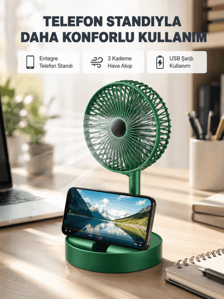 Taşınabilir Şarjlı Mini Fan – Katlanabilir Gövde, 3 Hız Kademesi