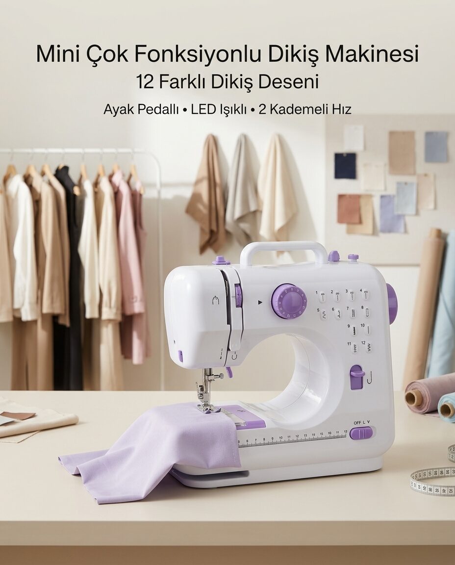 12 Farklı Dikiş Desenli Mini Dikiş Makinesi Ayak Pedallı LED Işıklı Ev Tipi Kullanım