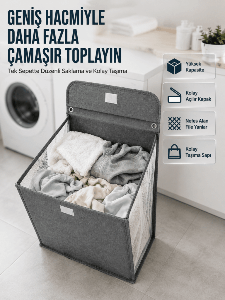 Modern Tasarımlı Duvara Monte Kirli Çamaşır Sepeti Pratik Saklama Çözümü