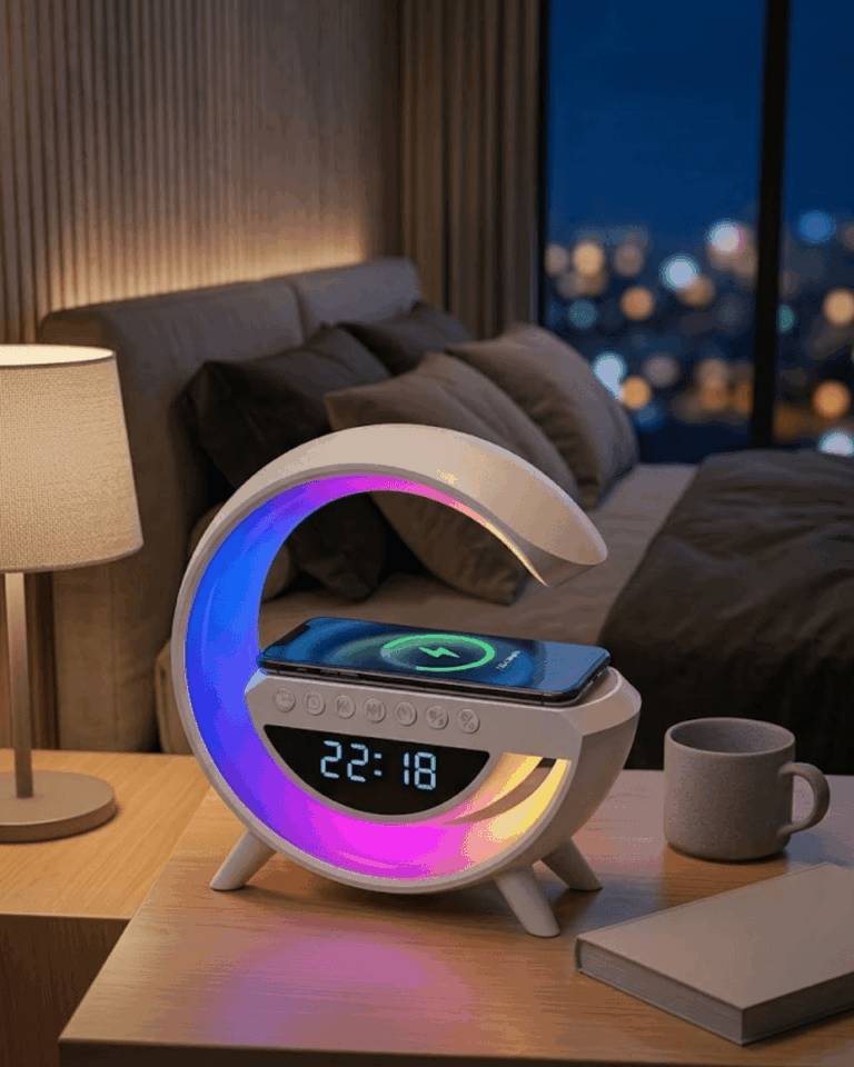 Kablosuz Şarjlı LED Işıklı Masa Saati Bluetooth Hoparlör Alarm Fonksiyonlu