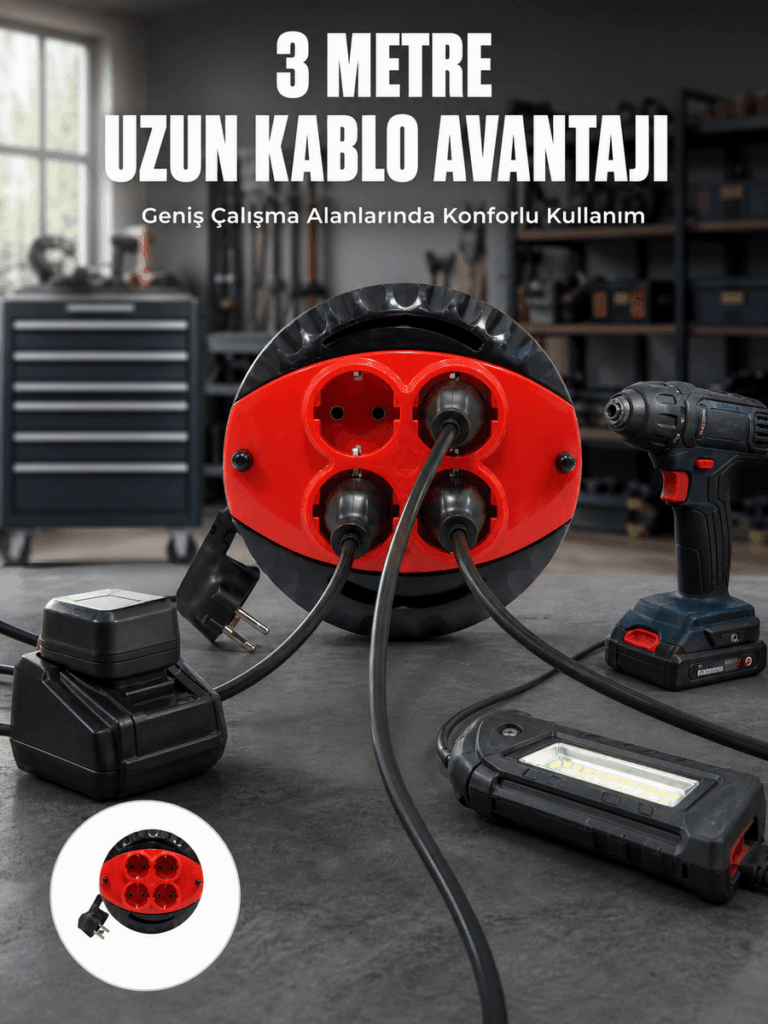 3 Metre Kablolu 4’lü Kırmızı Priz Makara
