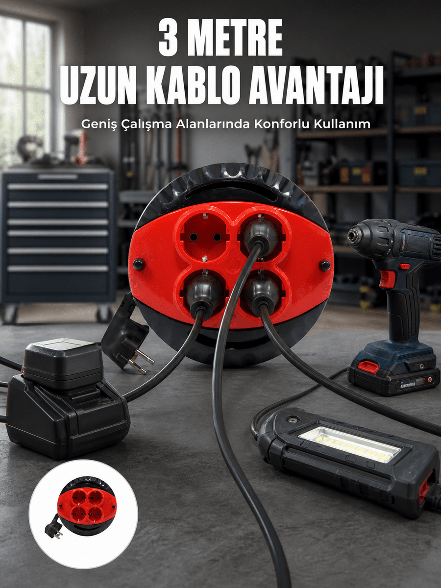3 Metre Kablolu 4’lü Kırmızı Priz Makara