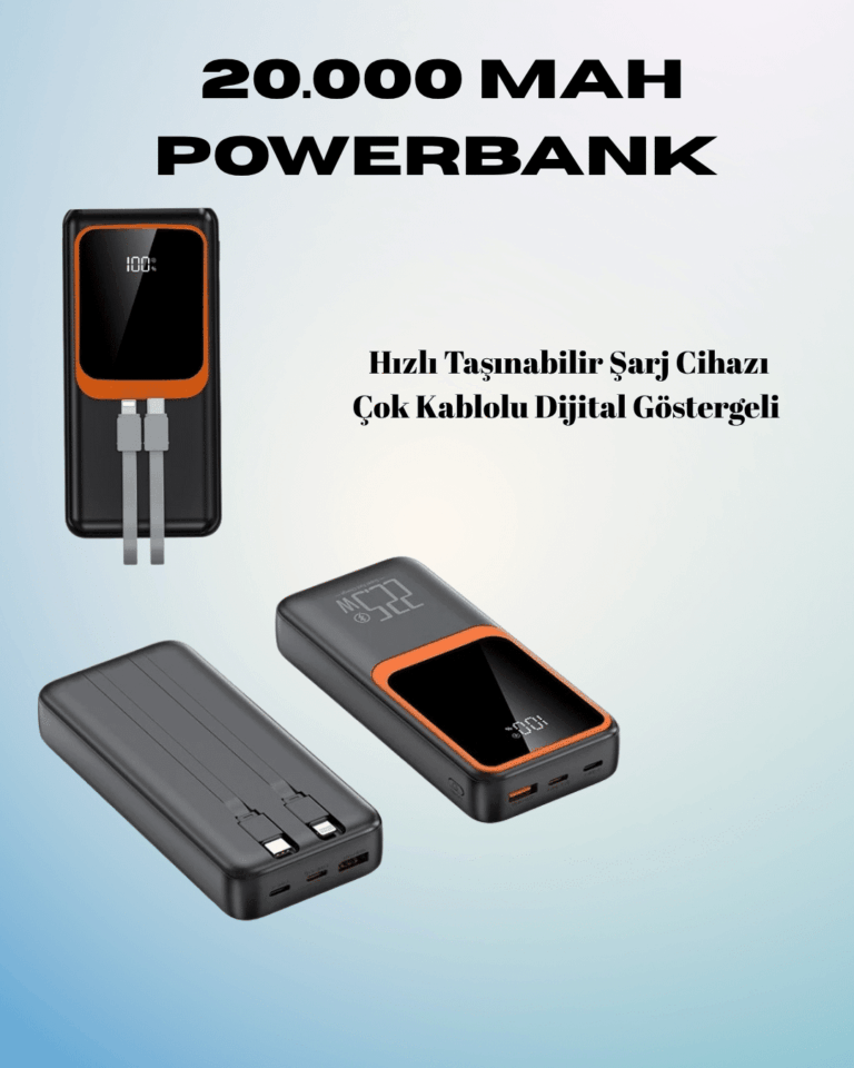 20000 mAh Powerbank | Çok Kablolu, Dijital Göstergeli, Yüksek Hızlı Şarj Cihazı