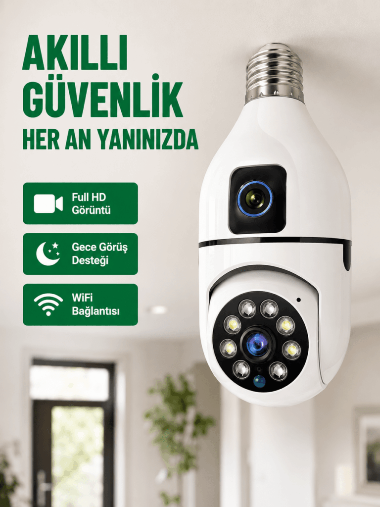 WiFi Ampul Güvenlik Kamerası 1080P Full HD Gece Görüşlü ve Hareket Algılamalı