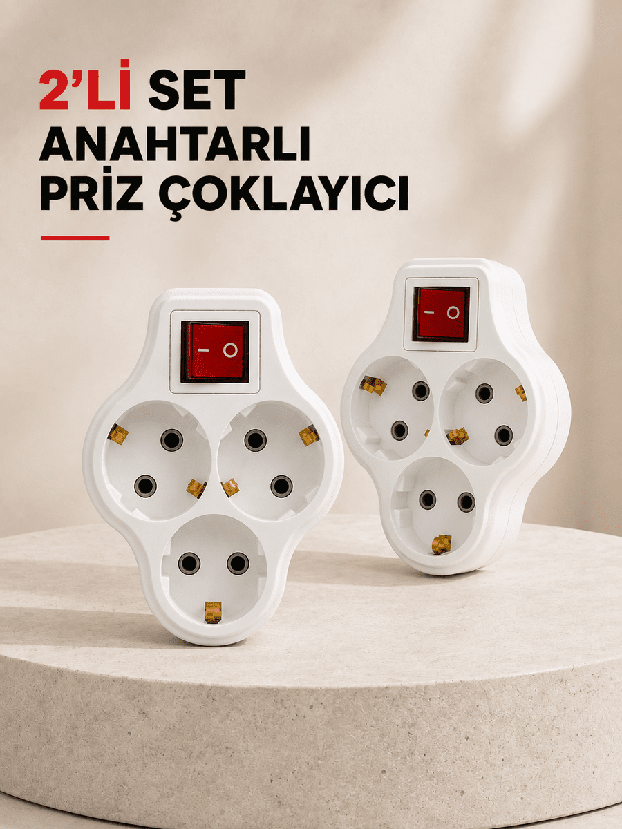 Anahtarlı 3 Çıkışlı Priz Çoğaltıcı Ev Ofis İçin Kablosuz 2’li Avantajlı Set