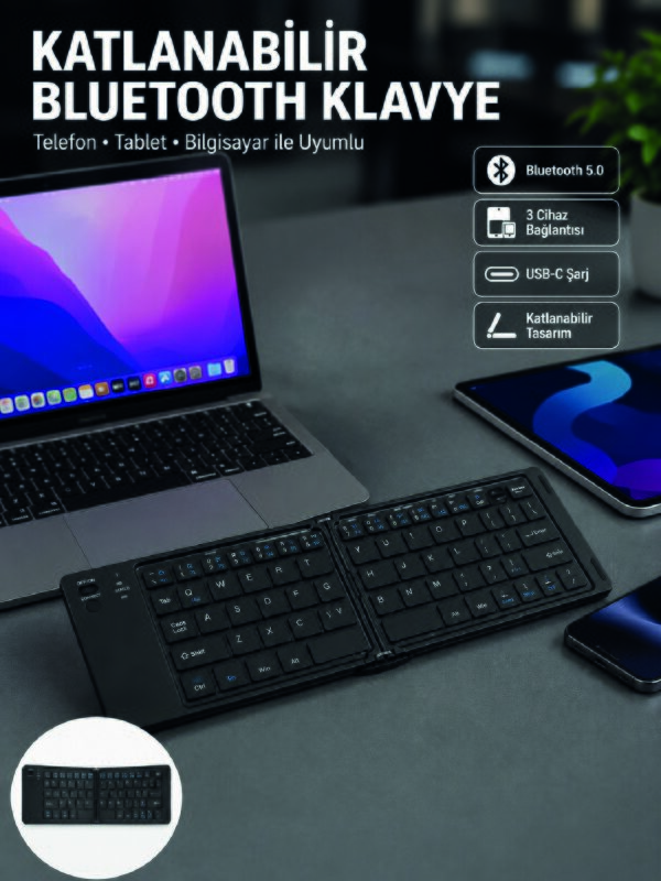 Katlanabilir Bluetooth Klavye 3 Cihaz Bağlantılı Kablosuz Taşınabilir Klavye