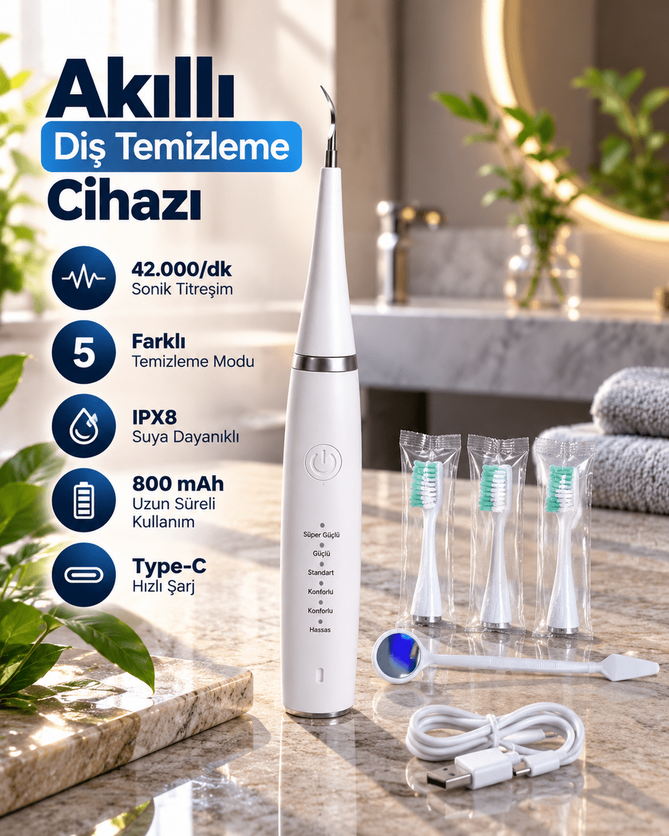 Sonic Titreşimli Akıllı Diş Temizleme Cihazı Type C Şarjlı 5 Kademeli Temizleme Sistemi