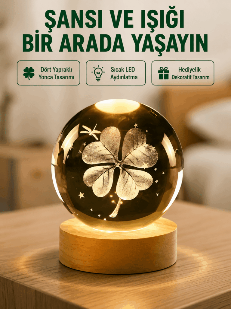 Yonca Figürlü Cam Küre USB Işıklı Ahşap Tabanlı Dekoratif Masa Lambası