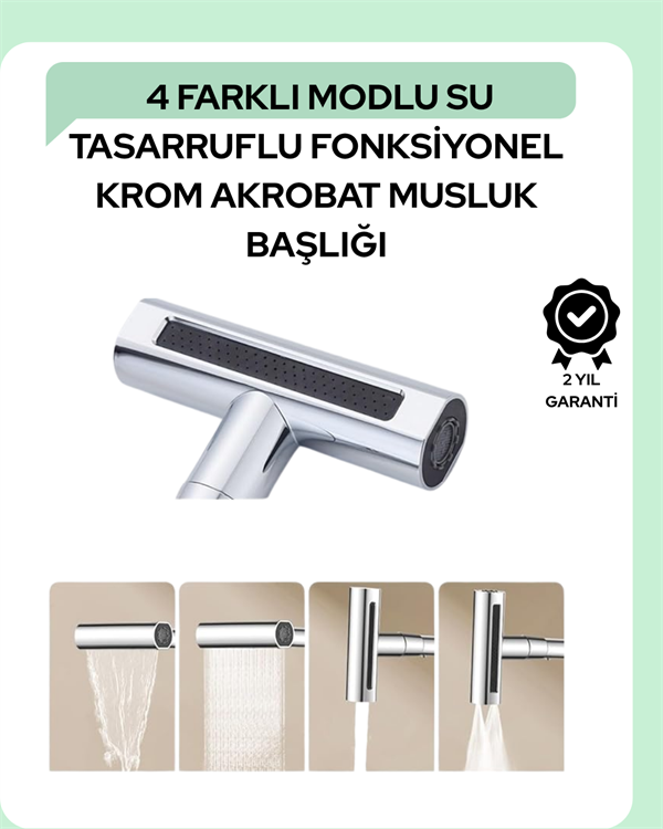 Çok Fonksiyonlu Musluk Başlığı | 4 Su Modu | Geniş Uyumlu Adaptör Seti | Mutfak ve Banyo Uyumlu
